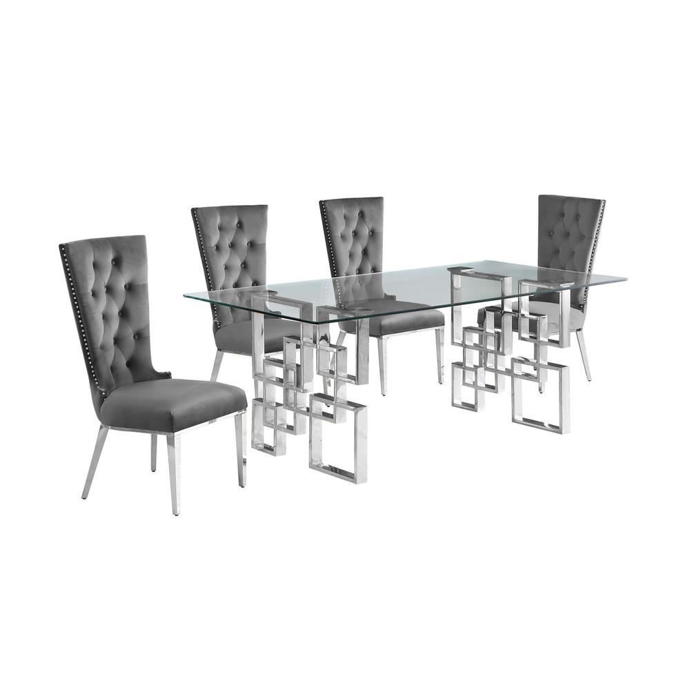 5-piece glam dining set with 4 dark grey chairs and a 79" long glass  table. Picture 1