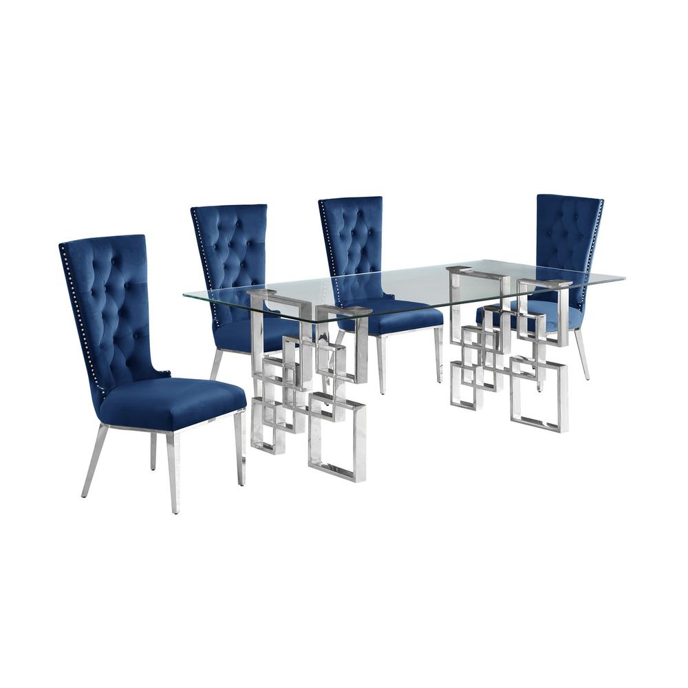 5-piece glam dining set with 4 navy blue chairs and a 79" long glass  table. Picture 1