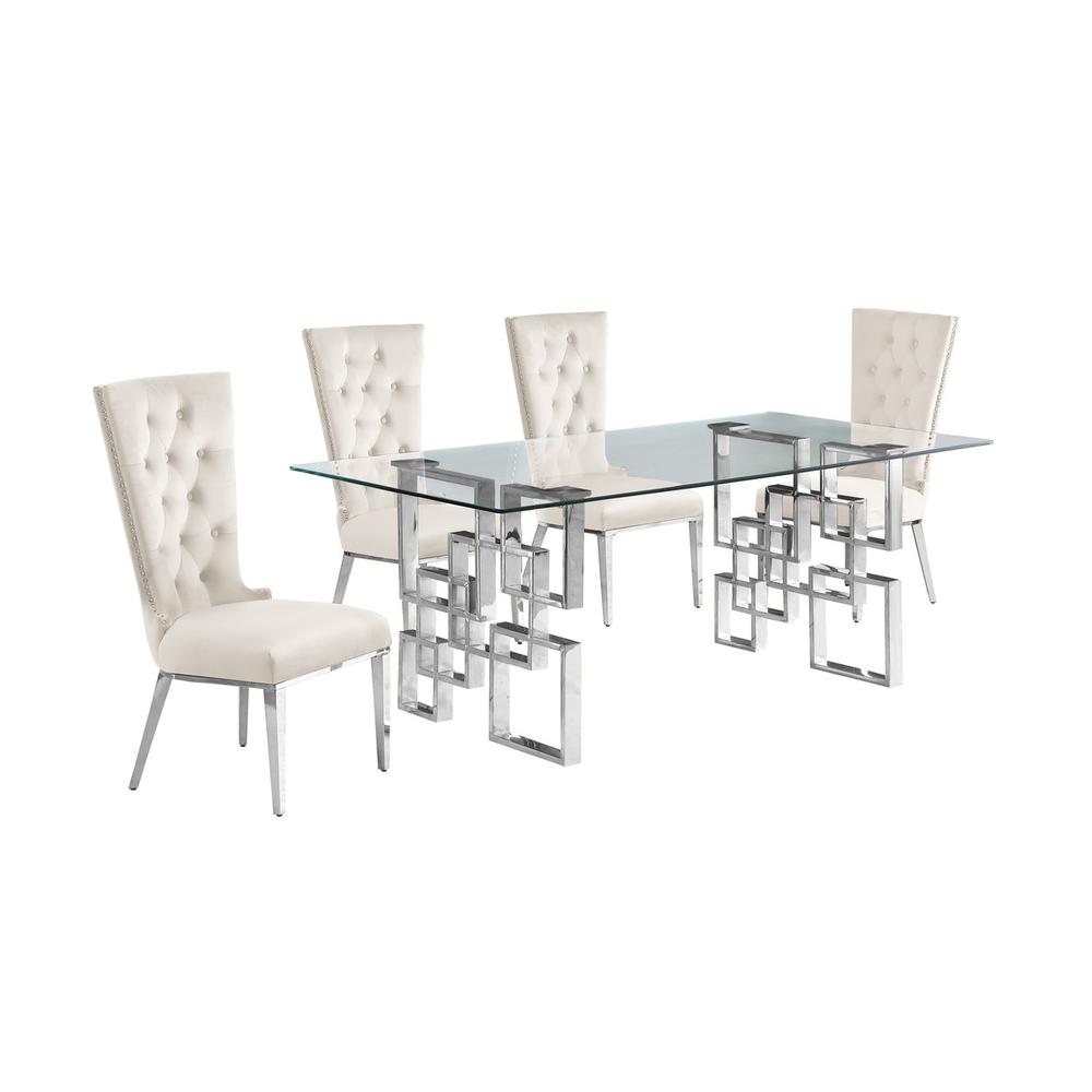 5-piece glam dining set with 4 cream chairs and a 79" long glass  table. Picture 1