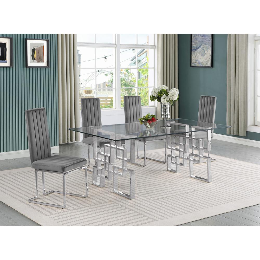 5-piece glam dining set with 4 Dark grey chairs and one 79" glass  table. Picture 4