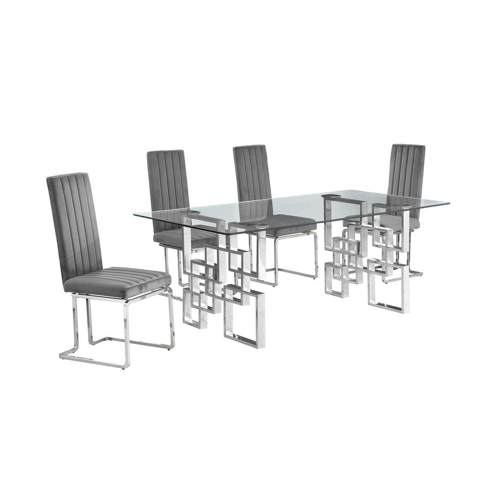 5-piece glam dining set with 4 Dark grey chairs and one 79" glass  table. Picture 1