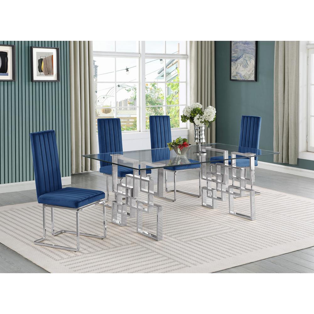 5-piece glam dining set with 4 Navy blue chairs and one 79" glass  table. Picture 4