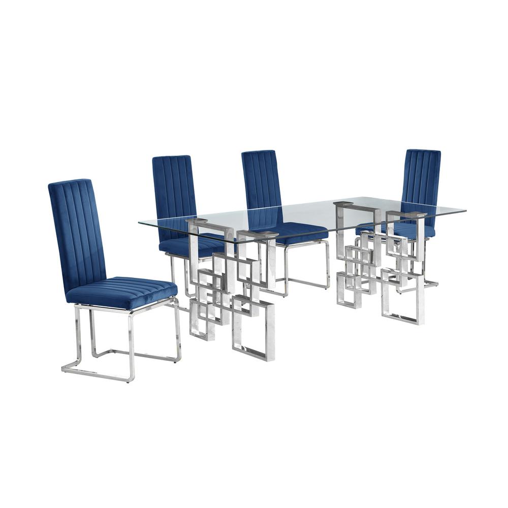 5-piece glam dining set with 4 Navy blue chairs and one 79" glass  table. Picture 1