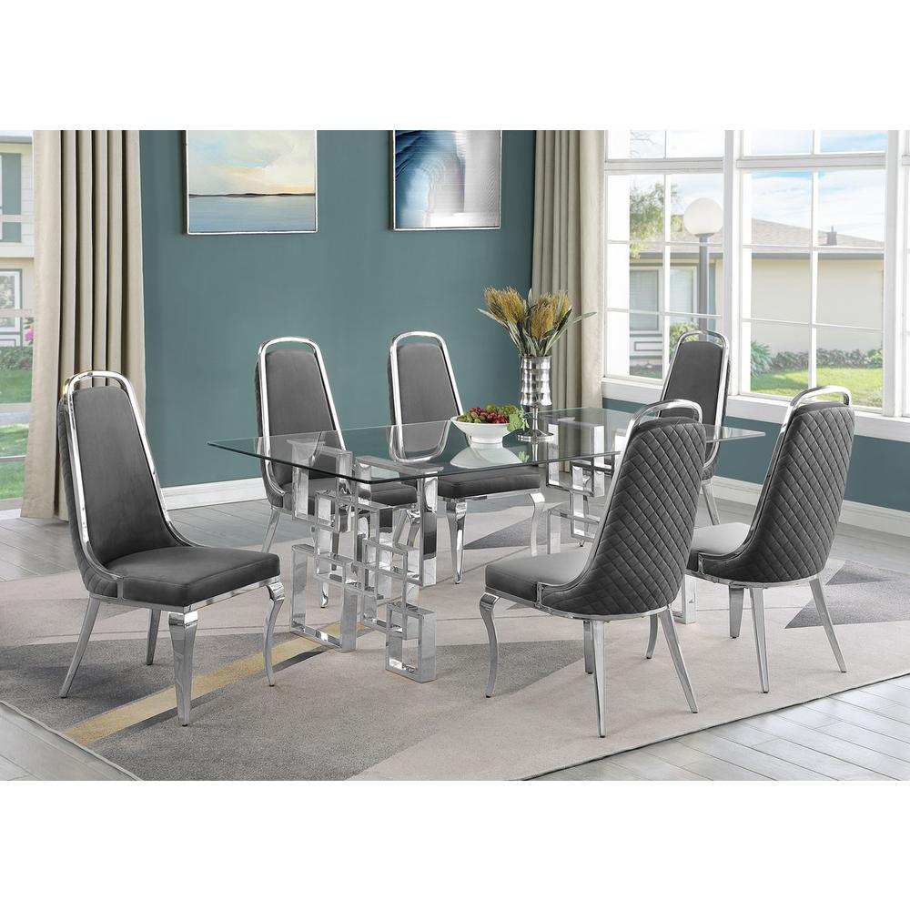 7-piece glam dining set with  6 Dark grey chairs and one 79" glass dining table. Picture 4