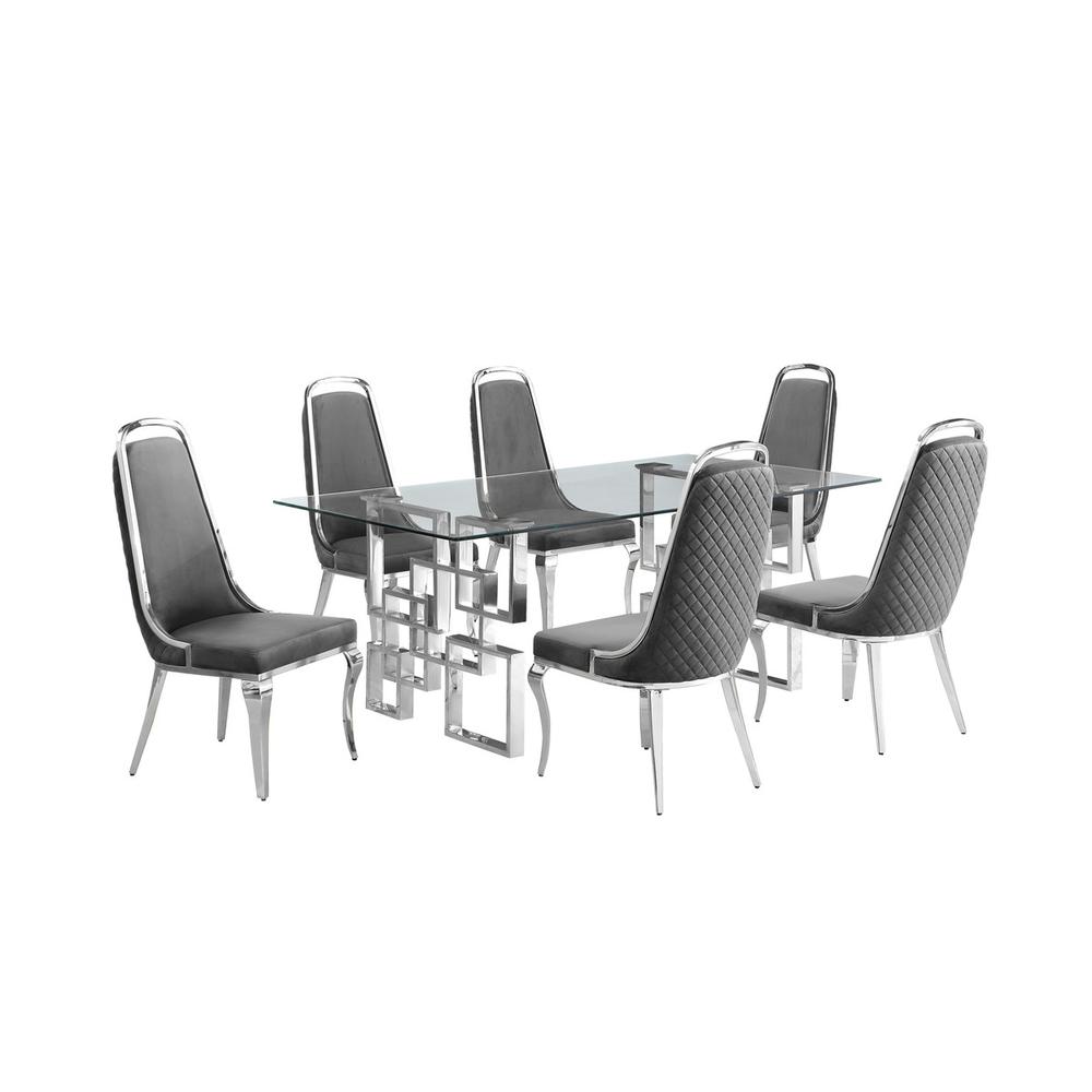 7-piece glam dining set with  6 Dark grey chairs and one 79" glass dining table. Picture 1