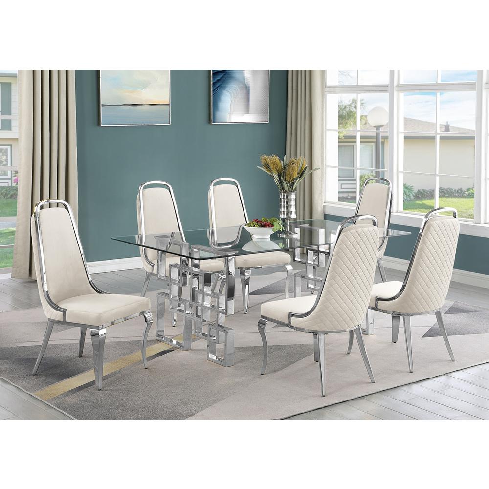 7-piece glam dining set with  6 Cream side chairs and one 79" glass dining table. Picture 4