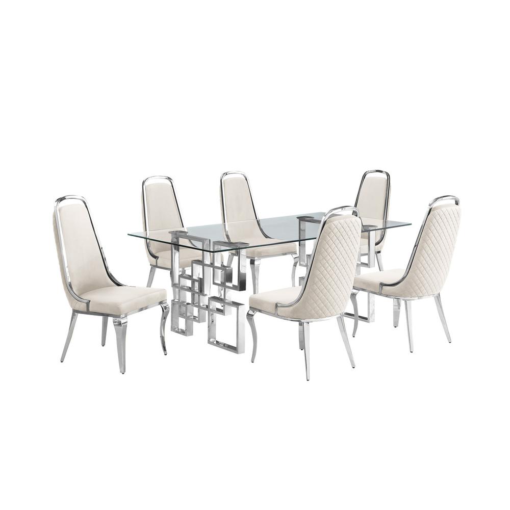 7-piece glam dining set with  6 Cream side chairs and one 79" glass dining table. Picture 1