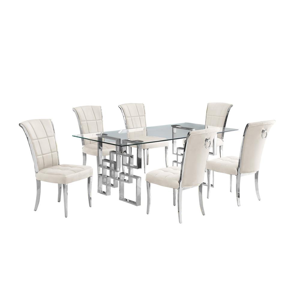 7-piece glam dining set with 6 cream chairs and a 79" long glass dinng table. Picture 1