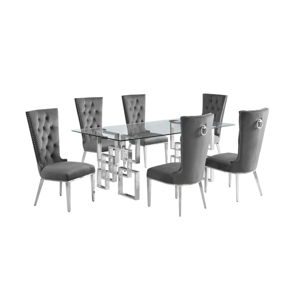 7-piece glam dining set with 6 dark grey chairs and a 79" long glass  table. Picture 1