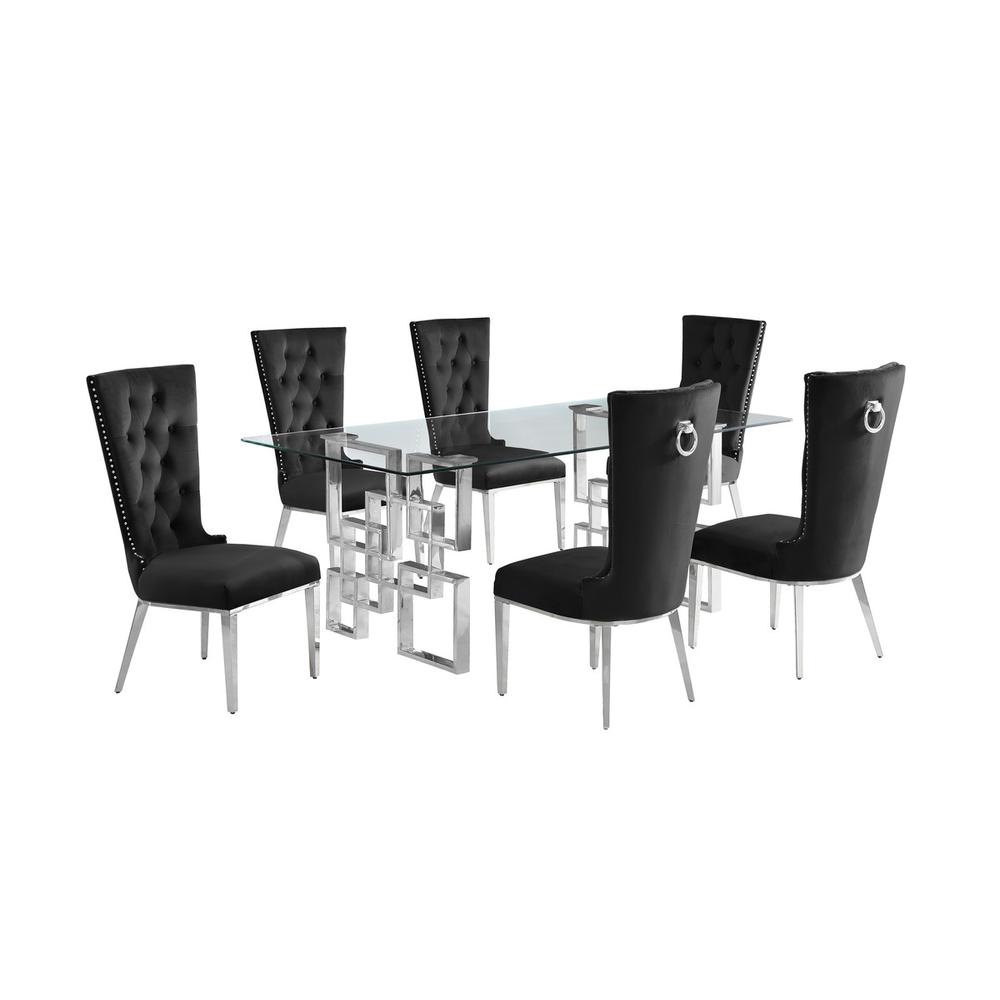 7-piece glam dining set with 6 black chairs and a 79" long glass  table. Picture 1