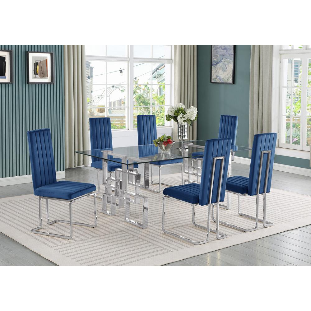 7-piece glam dining set with 6 Navy blue chairs and one 79" glass  table. Picture 4