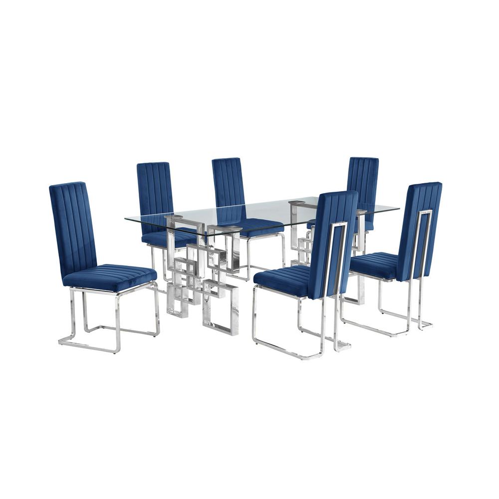 7-piece glam dining set with 6 Navy blue chairs and one 79" glass  table. Picture 1
