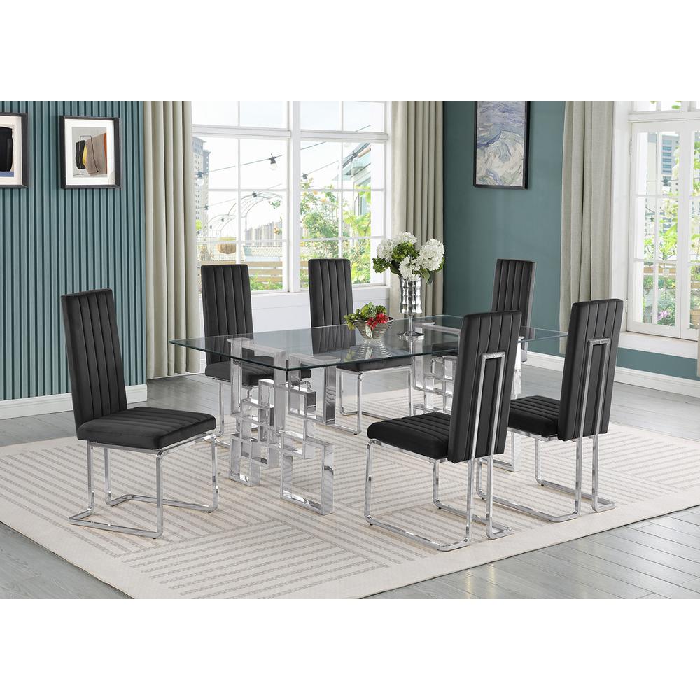 7-piece glam dining set with 6 Black side chairs and one 79" glass dining table. Picture 4