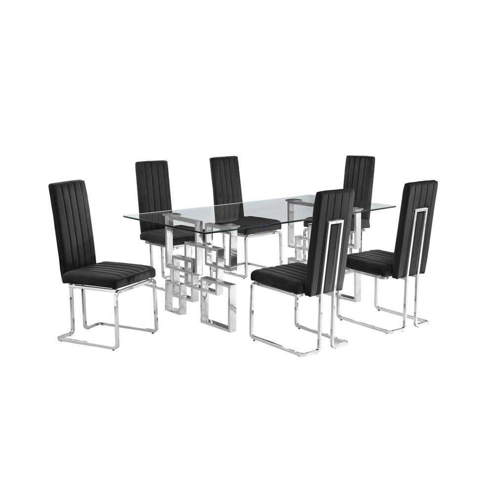 7-piece glam dining set with 6 Black side chairs and one 79" glass dining table. Picture 1