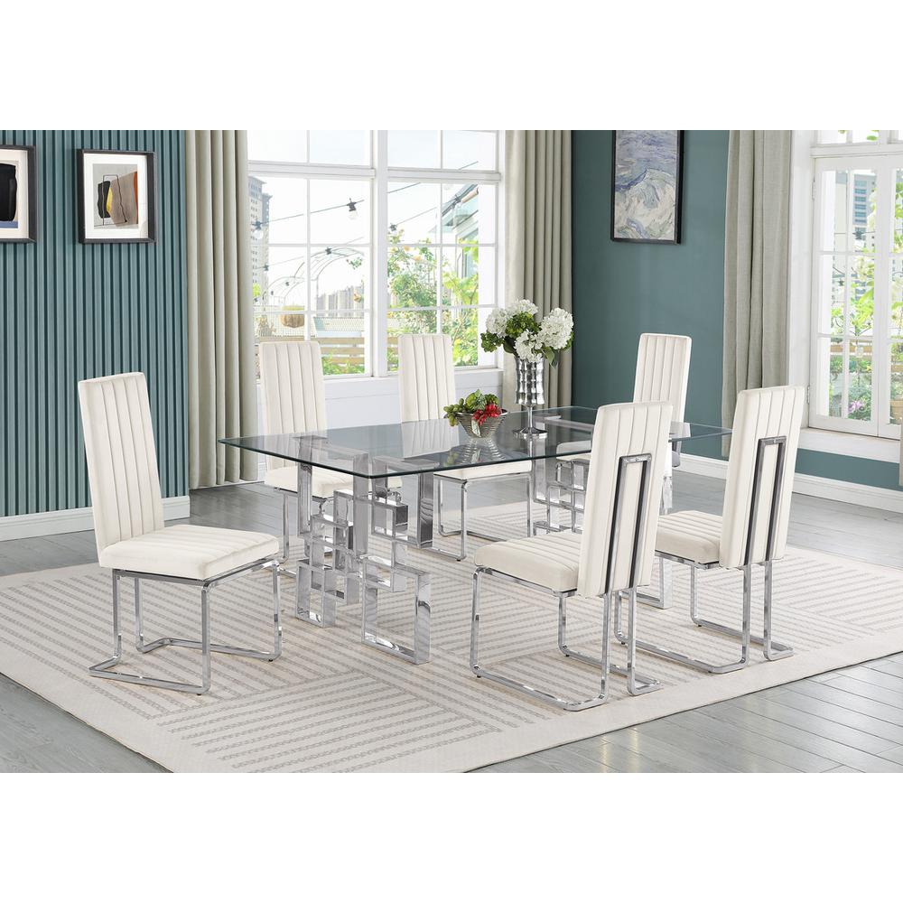 7-piece glam dining set with 6 Cream side chairs and one 79" glass dining table. Picture 4
