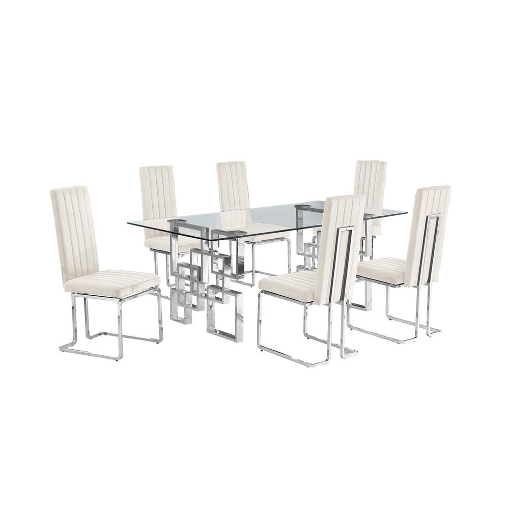 7-piece glam dining set with 6 Cream side chairs and one 79" glass dining table. Picture 1