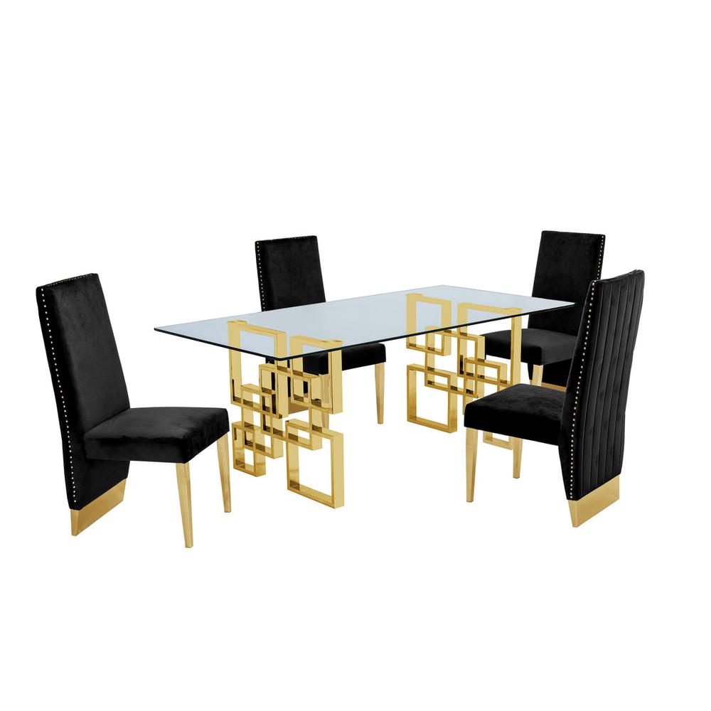 Classic 7 Piece Dining Set With Glass Table Top and Stainless Steel Legs w/Pleated Chairs, Black. Picture 1