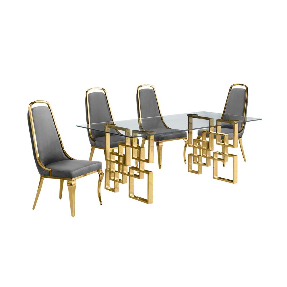 5-piece glam dining set with 4 Dark grey chairs and one 79" glass dining table. Picture 1