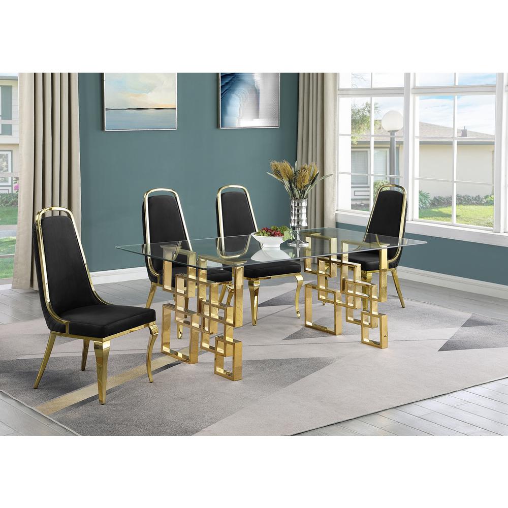 5-piece glam dining set with 4 Black side chairs and one 79" glass dining table. Picture 4