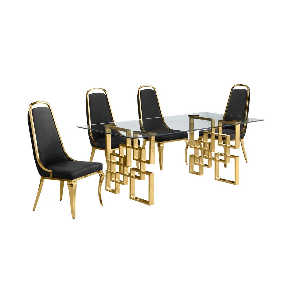 5-piece glam dining set with 4 Black side chairs and one 79" glass dining table. Picture 1