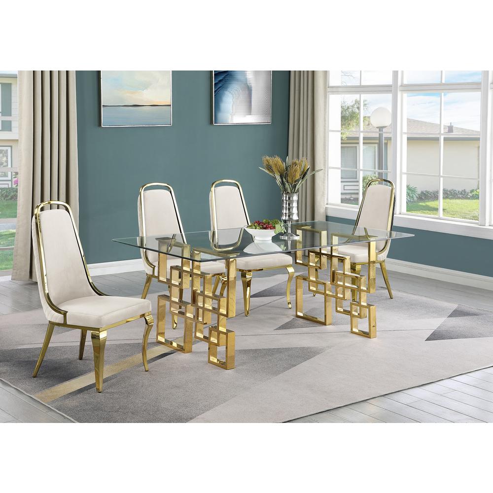 5-piece glam dining set with 4 Cream side chairs and one 79" glass dining table. Picture 4