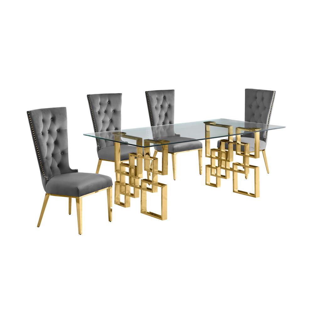 5-piece glam dining set with 4 dark grey chairs and a 79" long glass  table. Picture 1