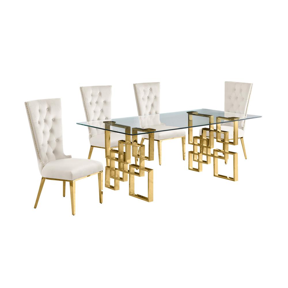 5-piece glam dining set with 4 cream side chiars and a 79" long glass  table. Picture 1