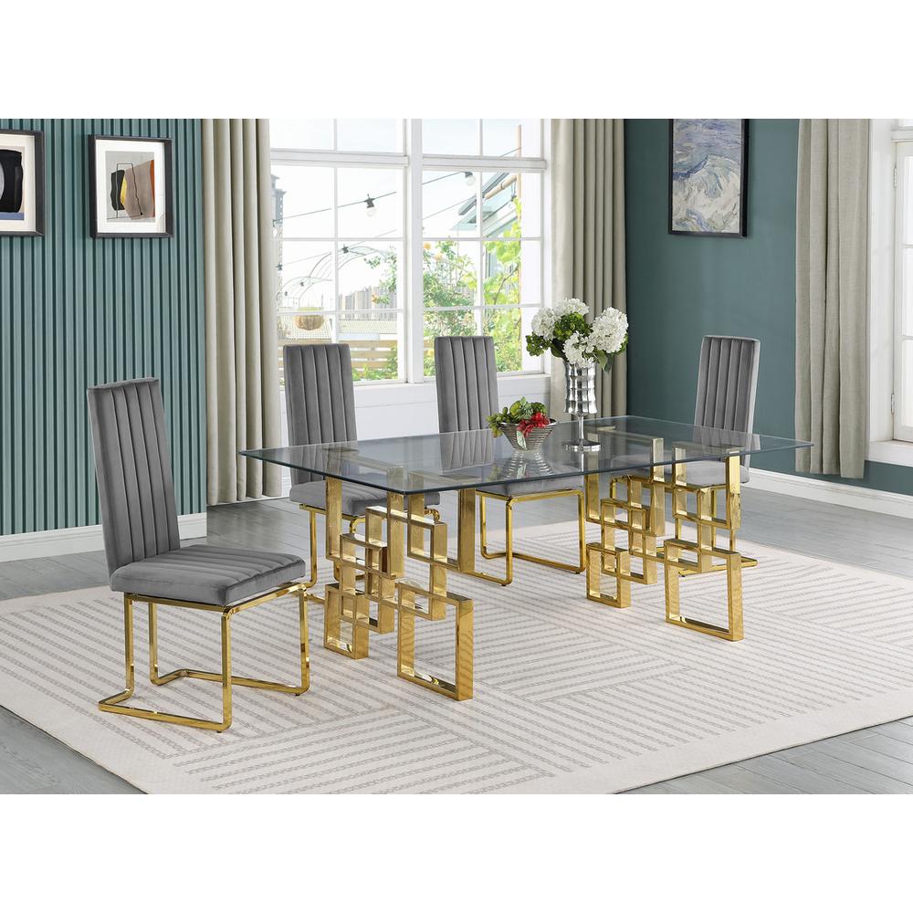 5-piece glam dining set with 4 Dark grey chairs and one 79" glass  table. Picture 4