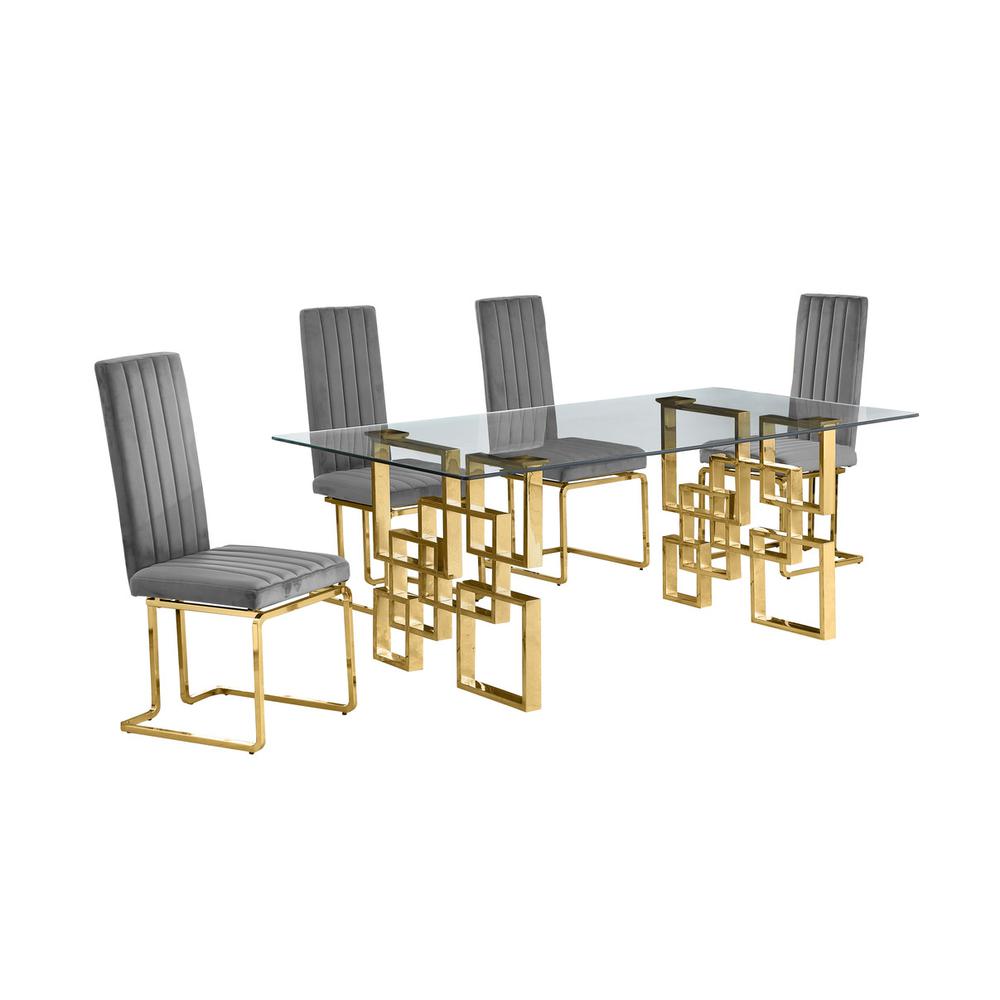 5-piece glam dining set with 4 Dark grey chairs and one 79" glass  table. Picture 1