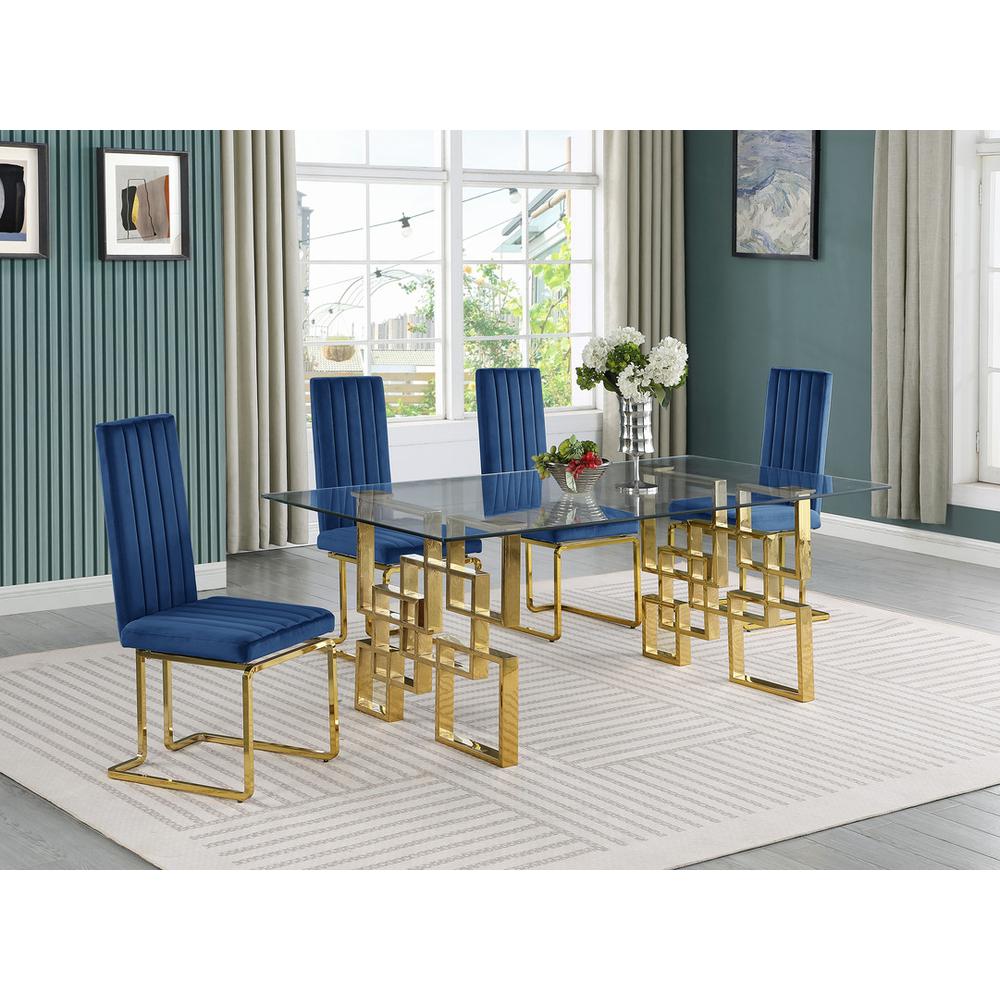 5-piece glam dining set with 4 Navy blue chairs and one 79" glass  table. Picture 4