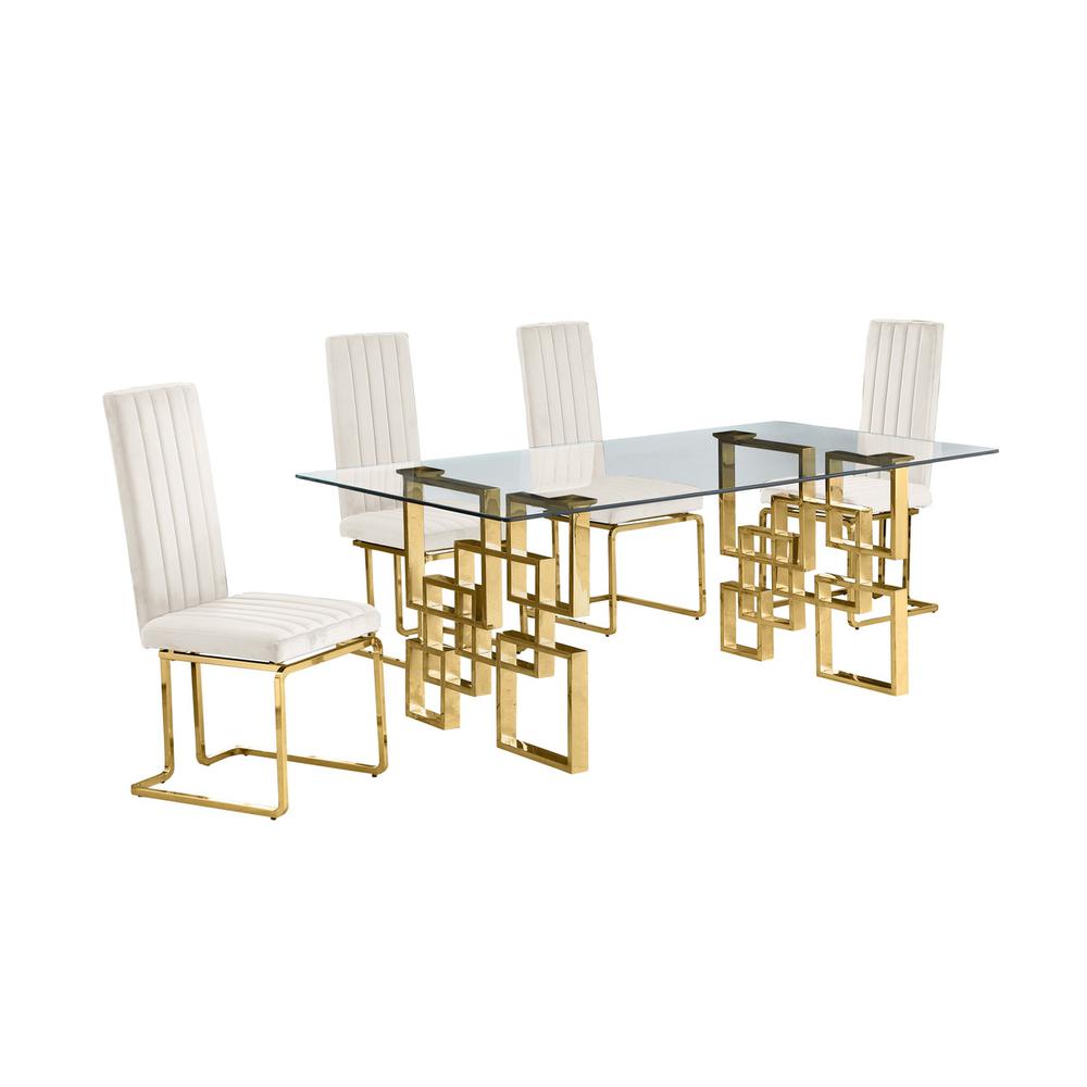 5-piece glam dining set with 4 cream chairs and one 79" glass  table. Picture 1