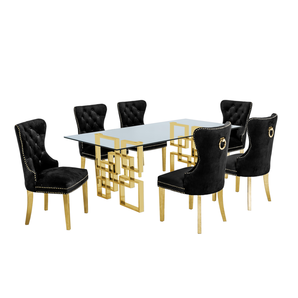 Classic 7 Piece Dining Set With Glass Table Top & Stainless Steel Legs w/Ring Handle, Black. Picture 1