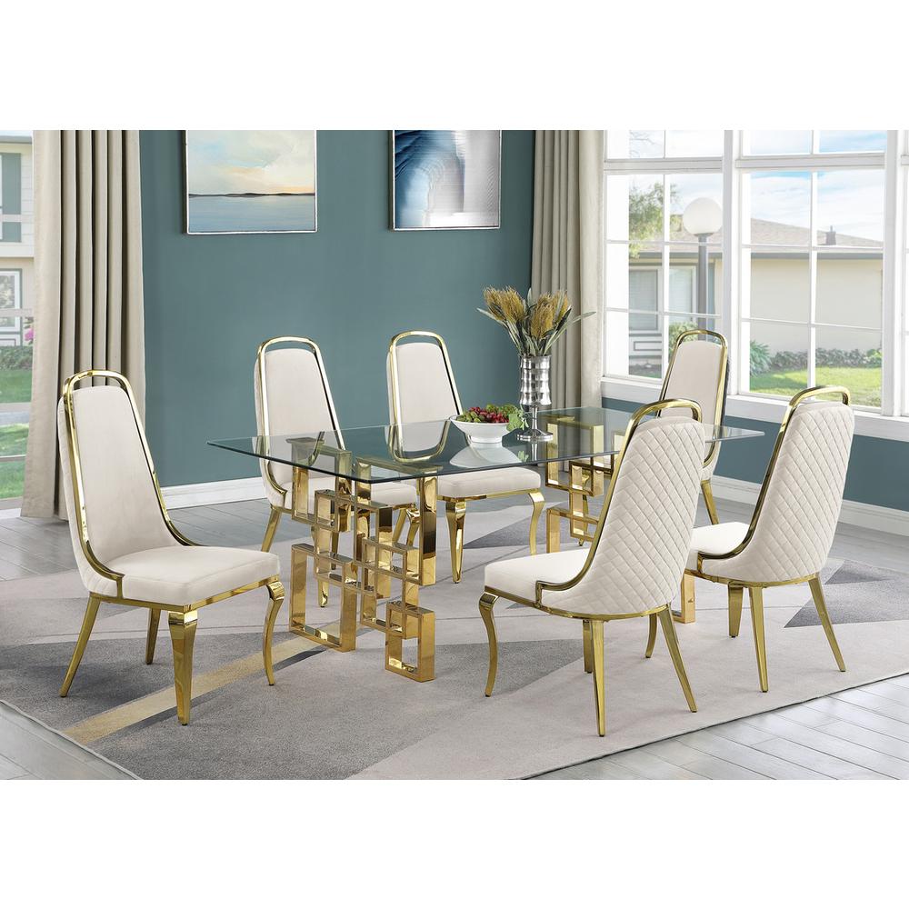 7-piece glam dining set with 6 Cream side chairs and one 79" glass dining table. Picture 4