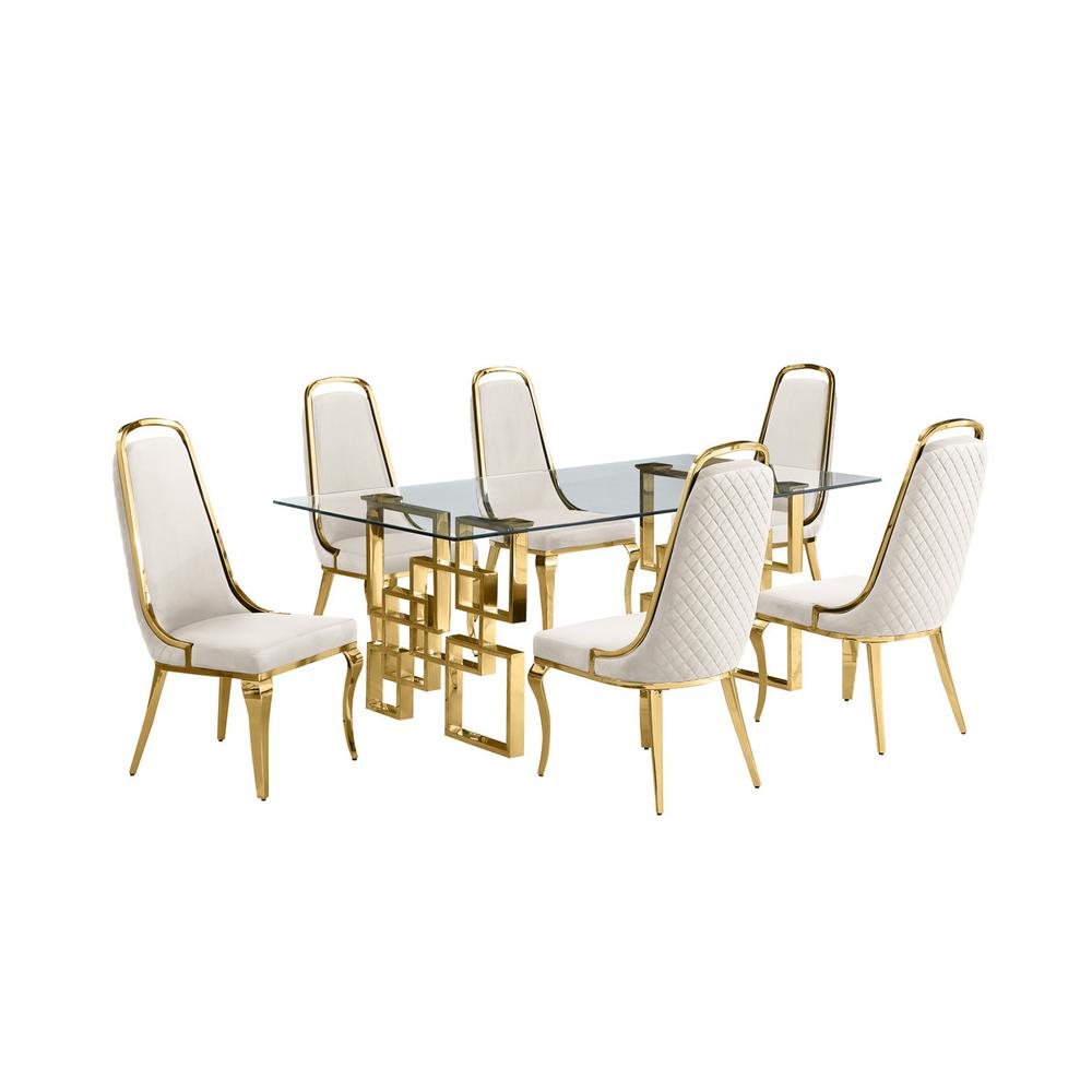 7-piece glam dining set with 6 Cream side chairs and one 79" glass dining table. Picture 1