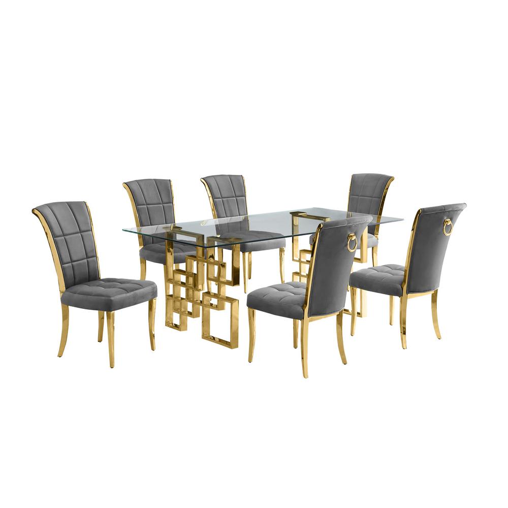 7-piece glam dining set with 6 dark grey chairs and a 79" long glass  table. Picture 1