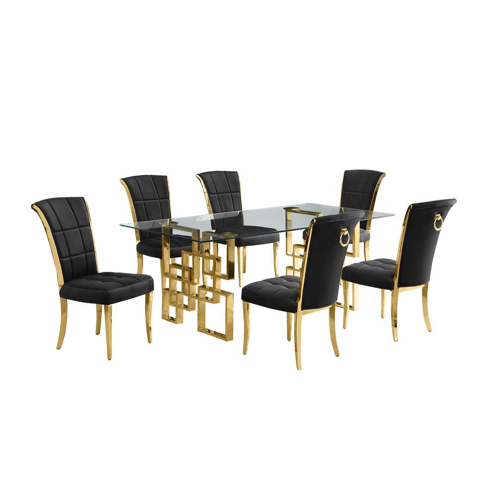 7-piece glam dining set with 6 black chairs and a 79" long glass  table. Picture 1