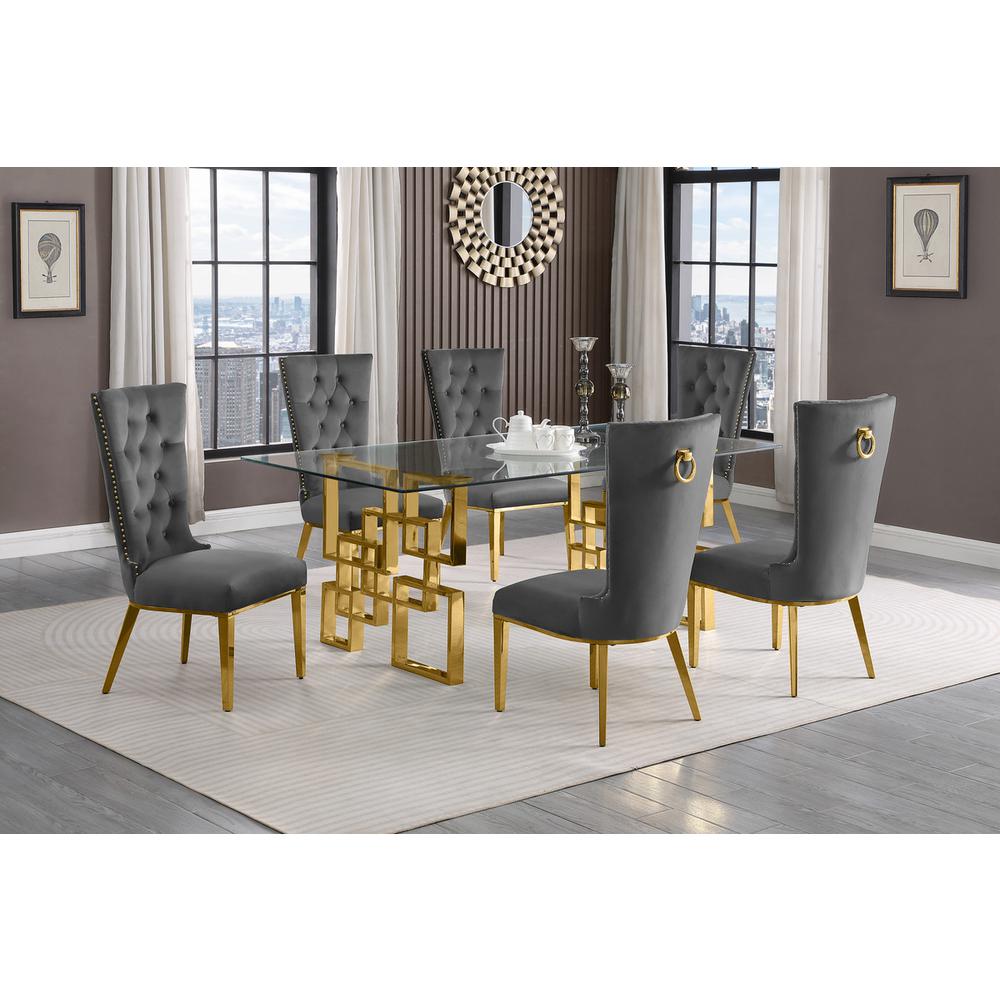 7-piece glam dining set with 6 dark grey chairs and a 79" long glass  table. Picture 4