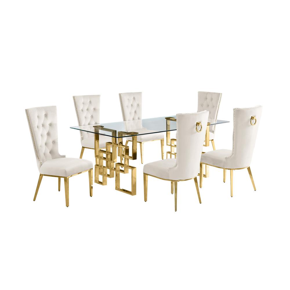 7-piece glam dining set with 6 cream chairs and a 79" long glass  table. Picture 1