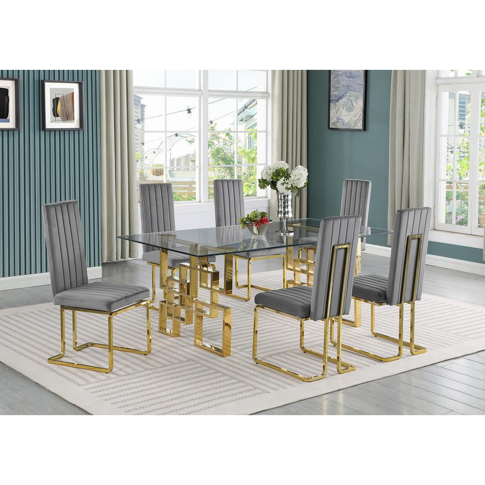 7-piece glam dining set with 6 dark grey chairs and one 79" glass  table. Picture 4