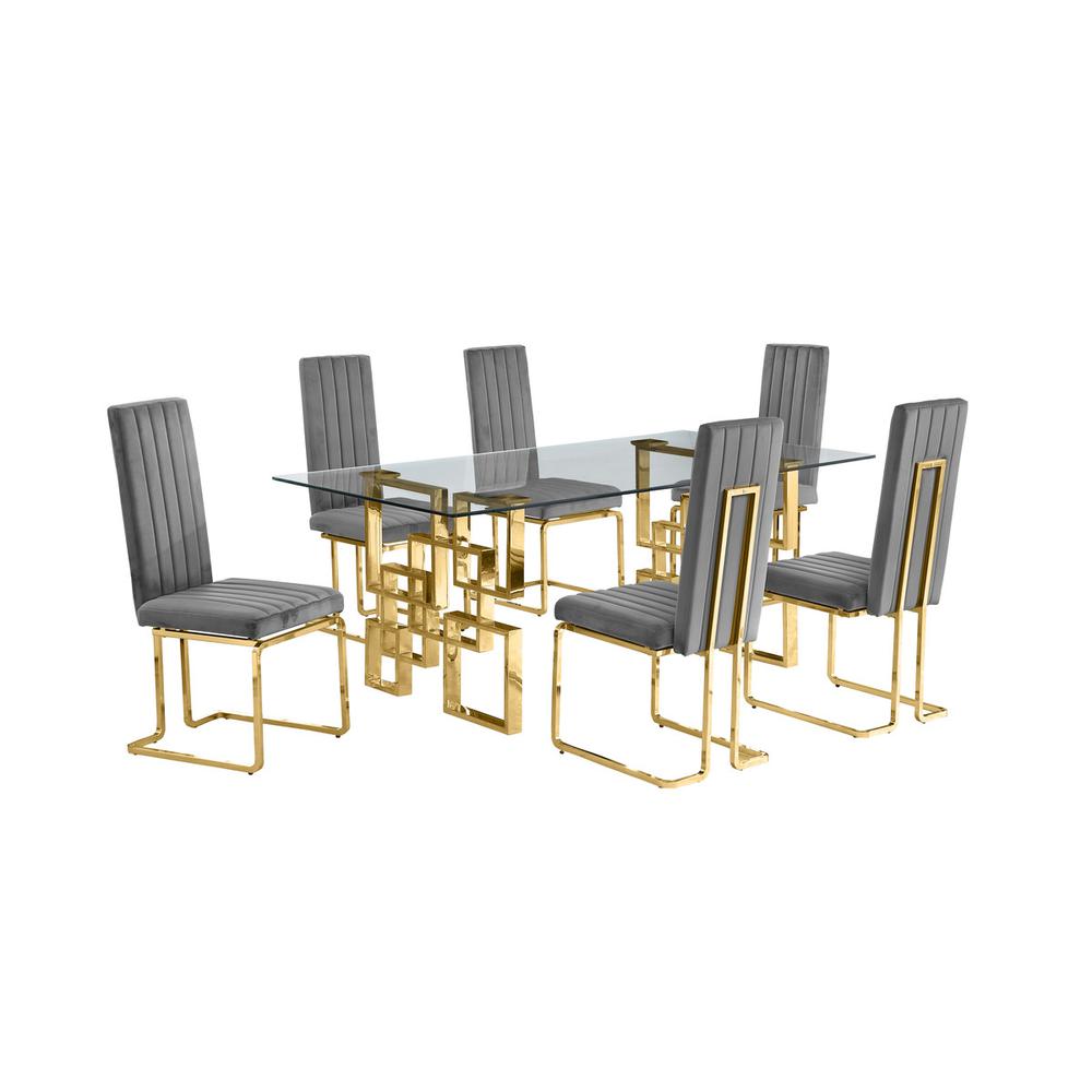 7-piece glam dining set with 6 dark grey chairs and one 79" glass  table. Picture 1