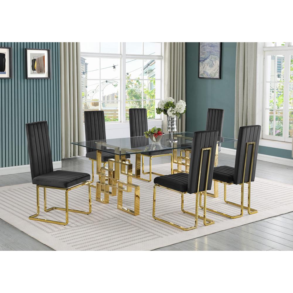 7-piece glam dining set with 6 Black chairs and one 79" glass  table. Picture 4