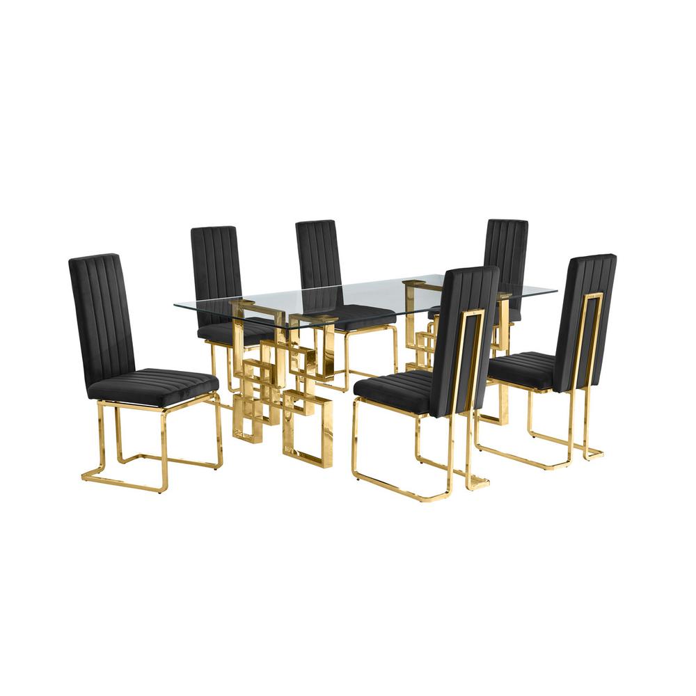 7-piece glam dining set with 6 Black chairs and one 79" glass  table. Picture 1