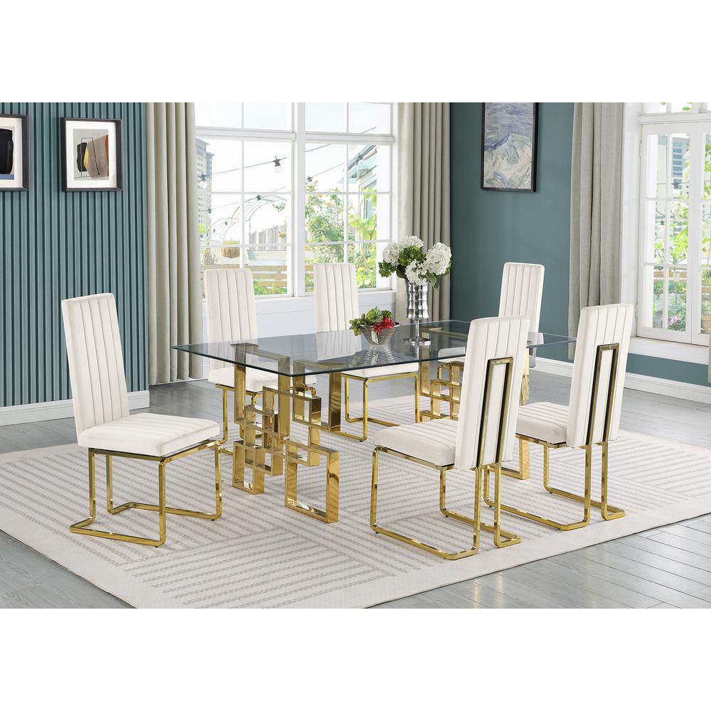 7-piece glam dining set with 6 Cream chairs and one 79" glass  table. Picture 4