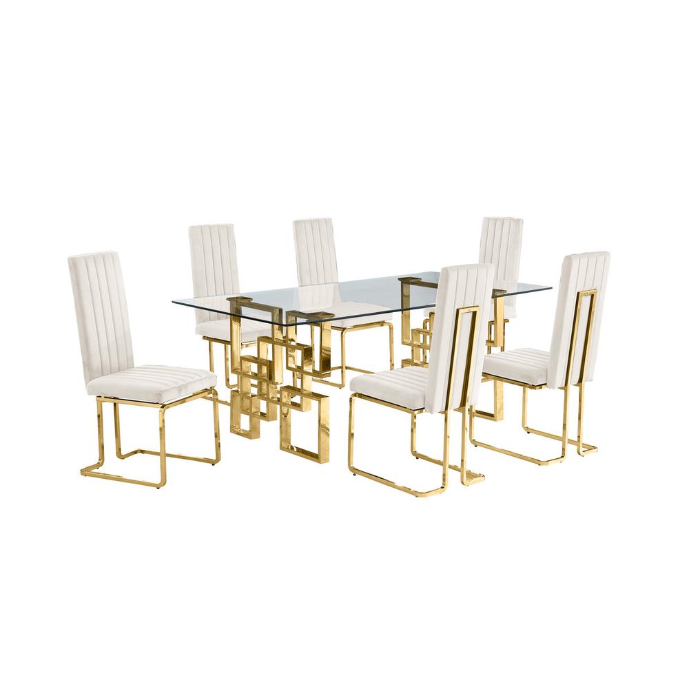 7-piece glam dining set with 6 Cream chairs and one 79" glass  table. Picture 1