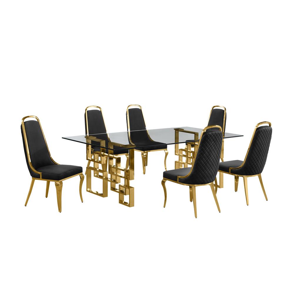 7-piece glam dining set with 6 Black side chairs and one 95" glass dining table. Picture 1