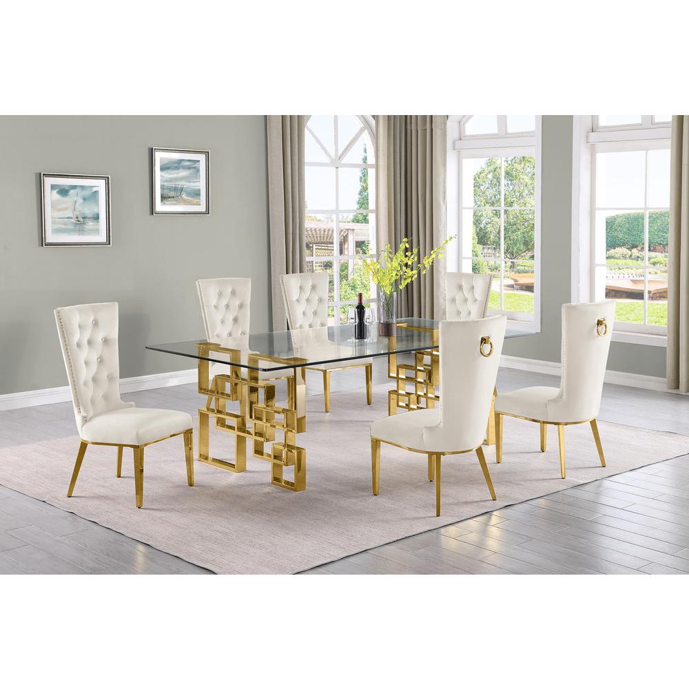 7-piece glam dining set with 6 cream  chairs and a 95" long glass  table. Picture 4