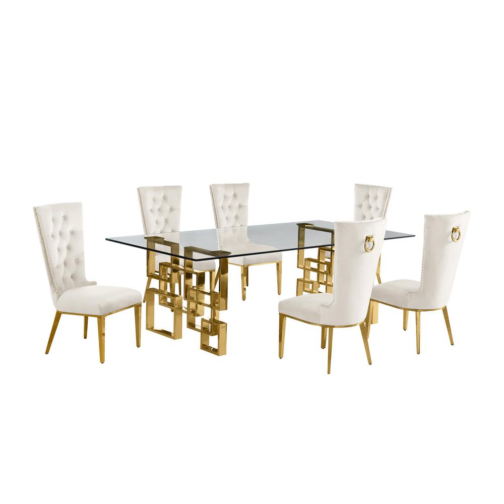 7-piece glam dining set with 6 cream  chairs and a 95" long glass  table. Picture 1