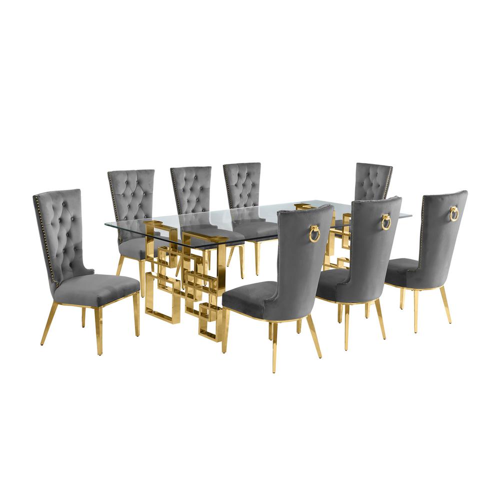 9-piece glam dining set with 8 dark grey chairs and a 95" long glass  table. Picture 1