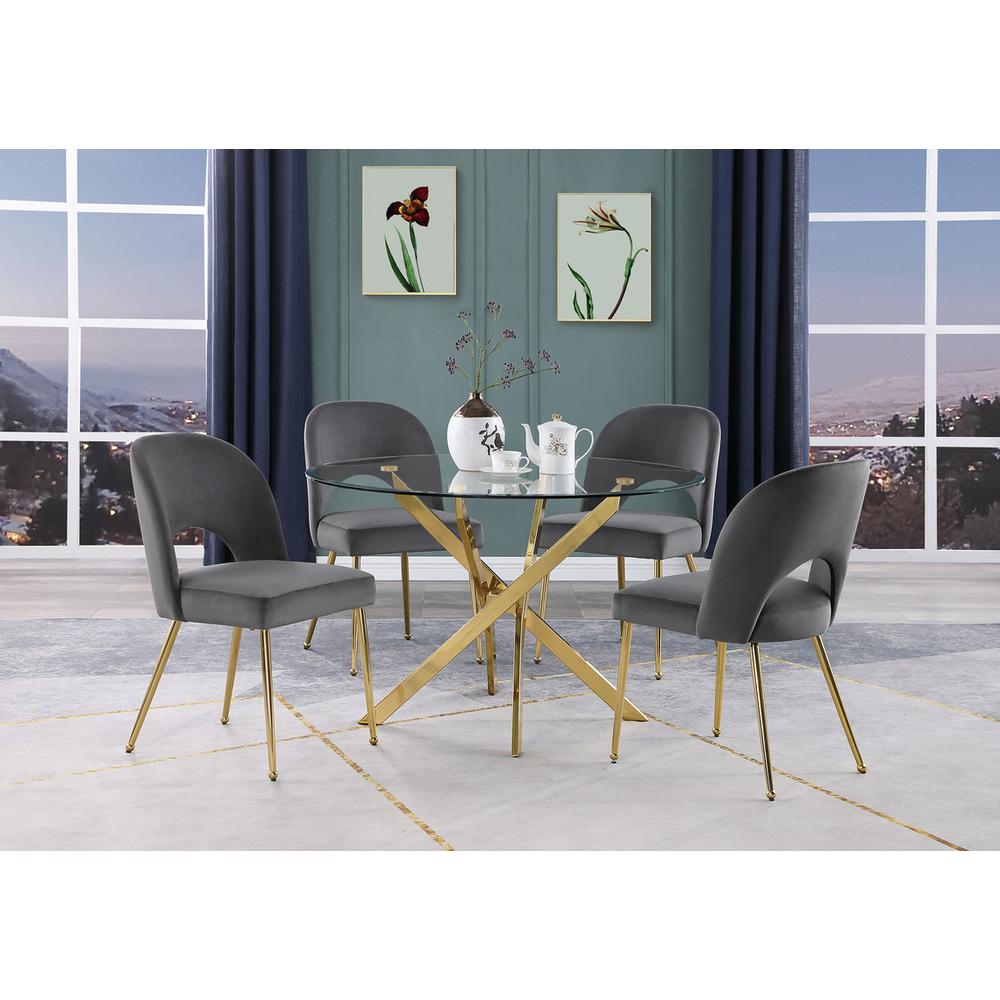 5pc dining Set- Round, tempered glass dining table with 4 Dark grey velvet chairs. Picture 4