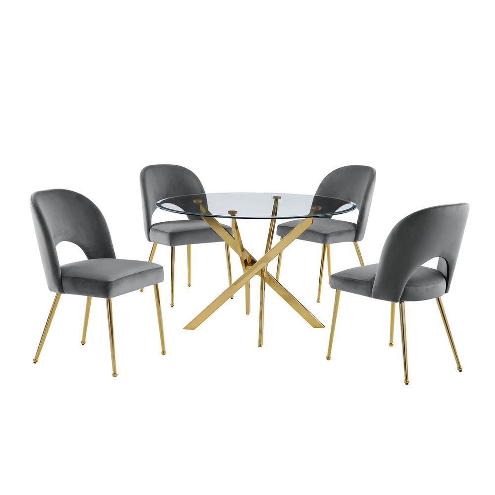 5pc dining Set- Round, tempered glass dining table with 4 Dark grey velvet chairs. Picture 1